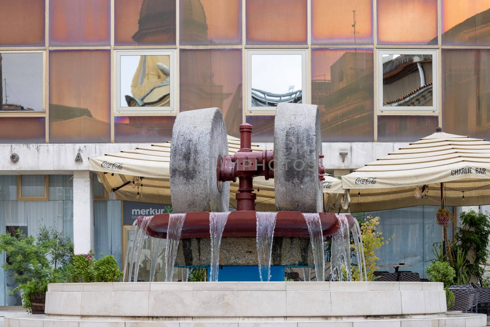 Rijeka, Croatia - September 23, 2023: Kobler Square Fountain with modern water-fountain