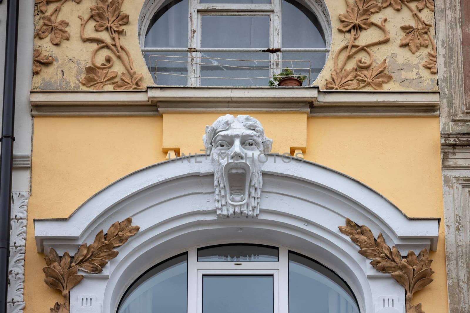 Rijeka, Croatia - September 23, 2023: Decorative facade of townhouse at Korzo promenade, main street in the city
