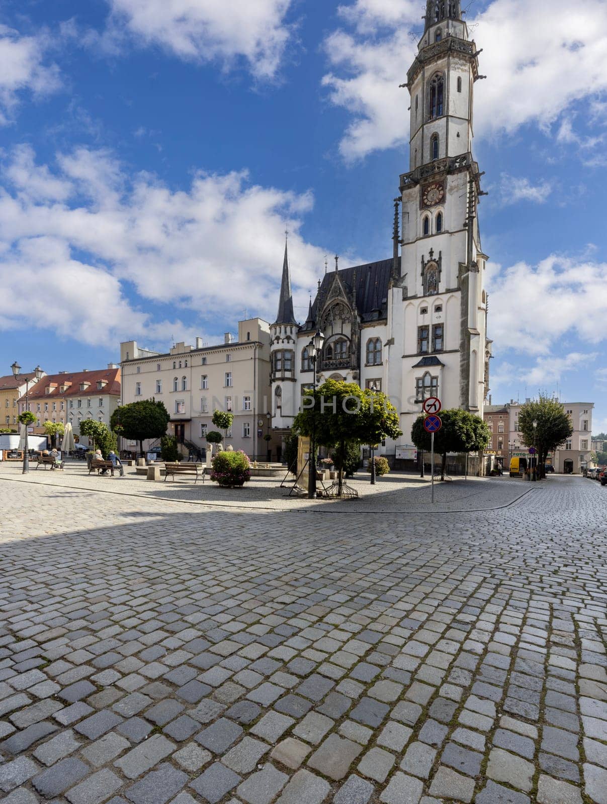 Zabkowice Slaskie, Poland - October 2, 2021: Market square with neo-gothic 19th century Town Hall, Lower Silesian Voivodeship
