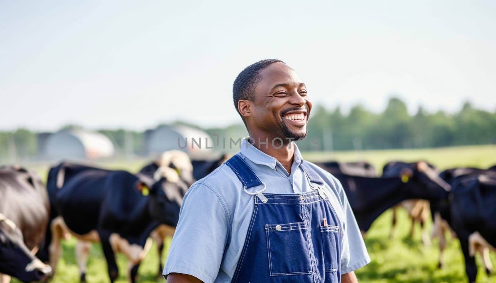 Portrait of positive African-American male worker in blue robe working on dairy farm with black and white cows. Happy black farmer Dutch cows and wearing blue overall on fresh Agriculture field Modern farmer