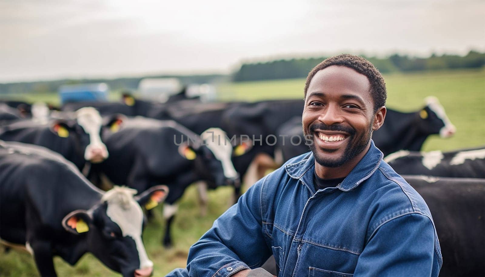 Portrait of positive African-American male worker in blue robe working on dairy farm with black and white cows. Happy black farmer Dutch cows and wearing blue overall on fresh Agriculture field Modern farmer