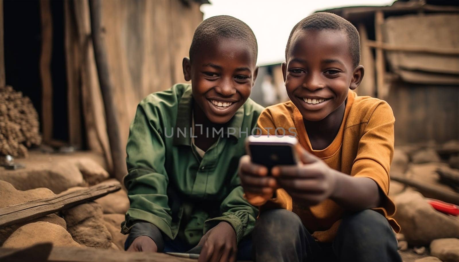 African kids using mobile phones. two african boys sitting outside using smartphones to play games portrait