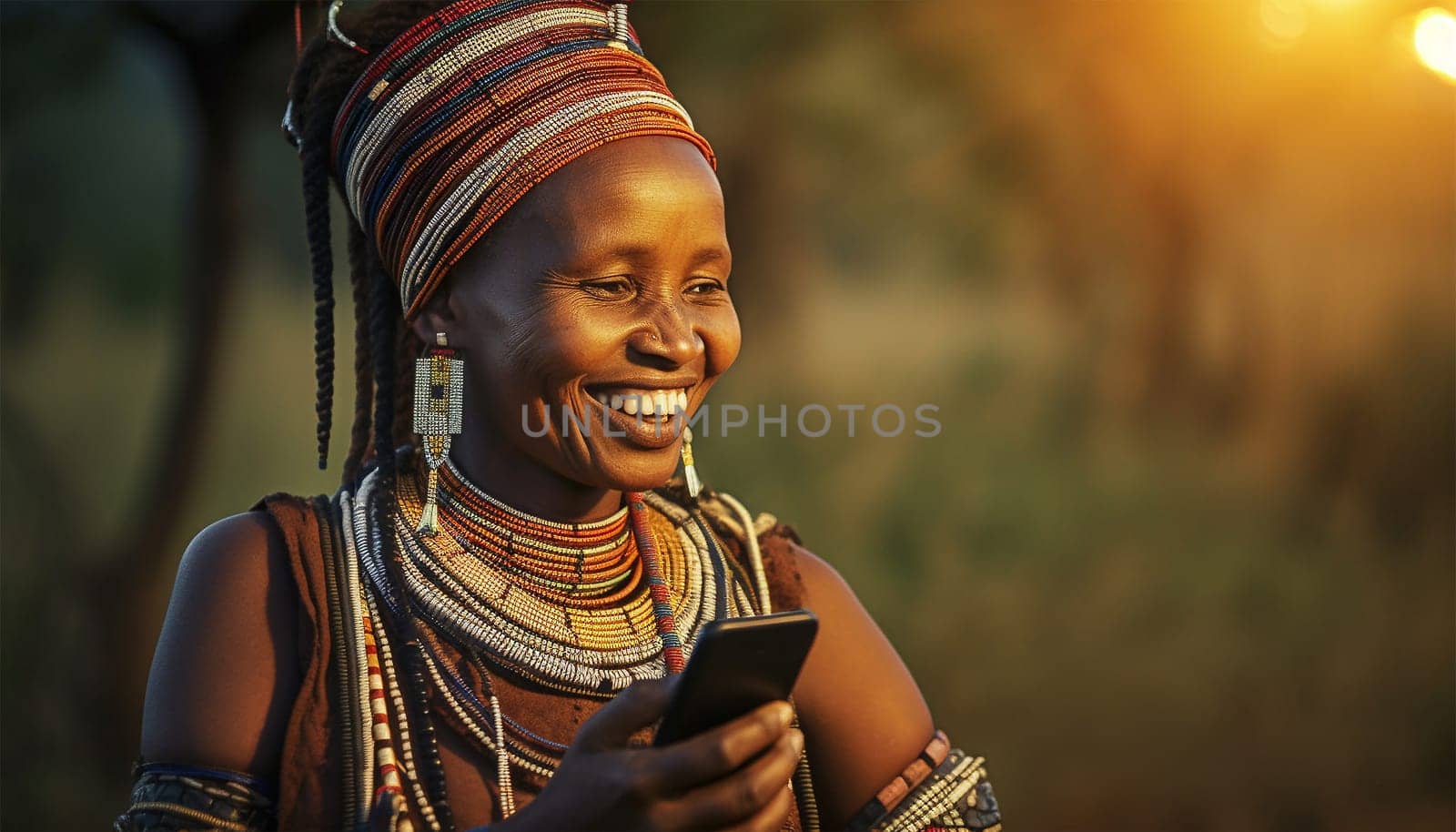 Africa Cheerful woman of african tribe hunters using modern technology smartphone cheering up. Technology using social media. Texting and having fun with cell phone,mobile in Africa traditional colorful clothing showing traditional tribe portrait