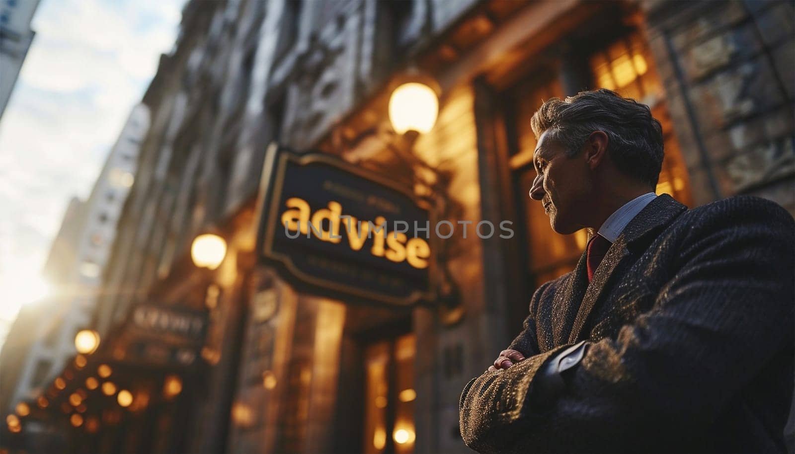 A businessman in the city needs advise. Looking at sign. Brainstorming and thinking. The lawyer office is open to provide advice on legal issues, receive accurate advice and advice. legal adviser concept. office