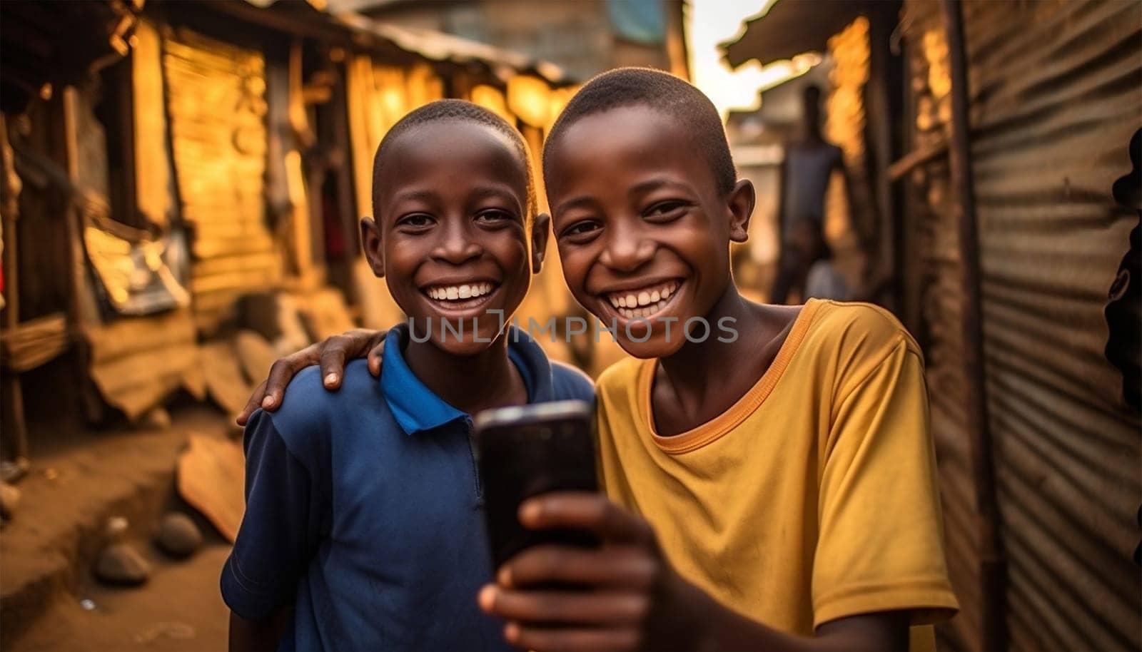 Two boys taking a selfie.African kids using mobile phones. two african boys sitting outside using smartphones to play games portrait