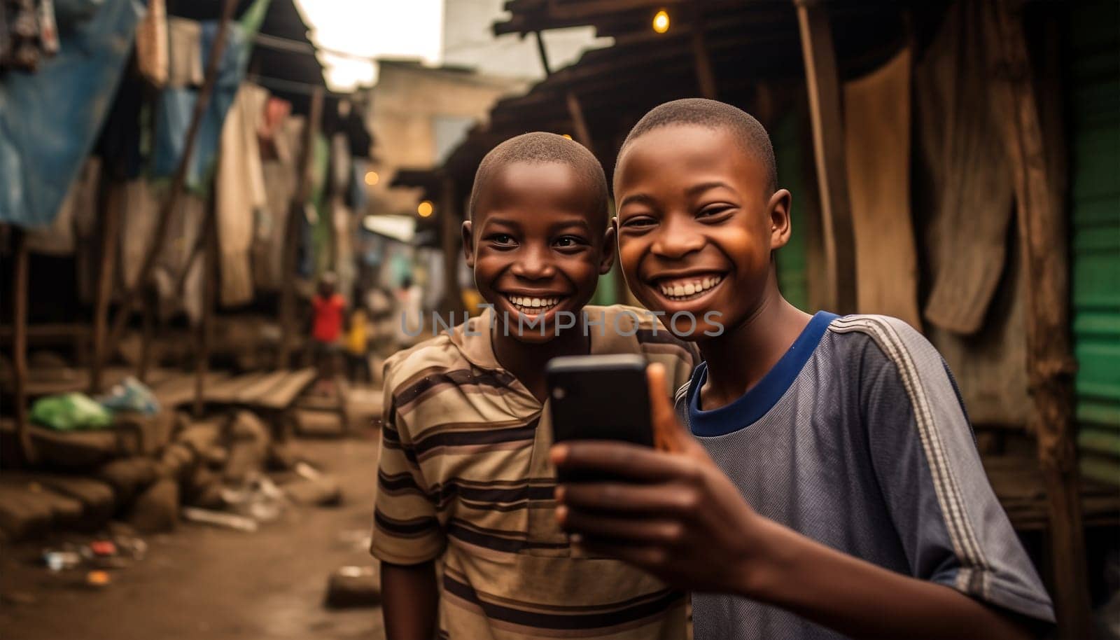 Two boys taking a selfie.African kids using mobile phones. two african boys sitting outside using smartphones to play games portrait