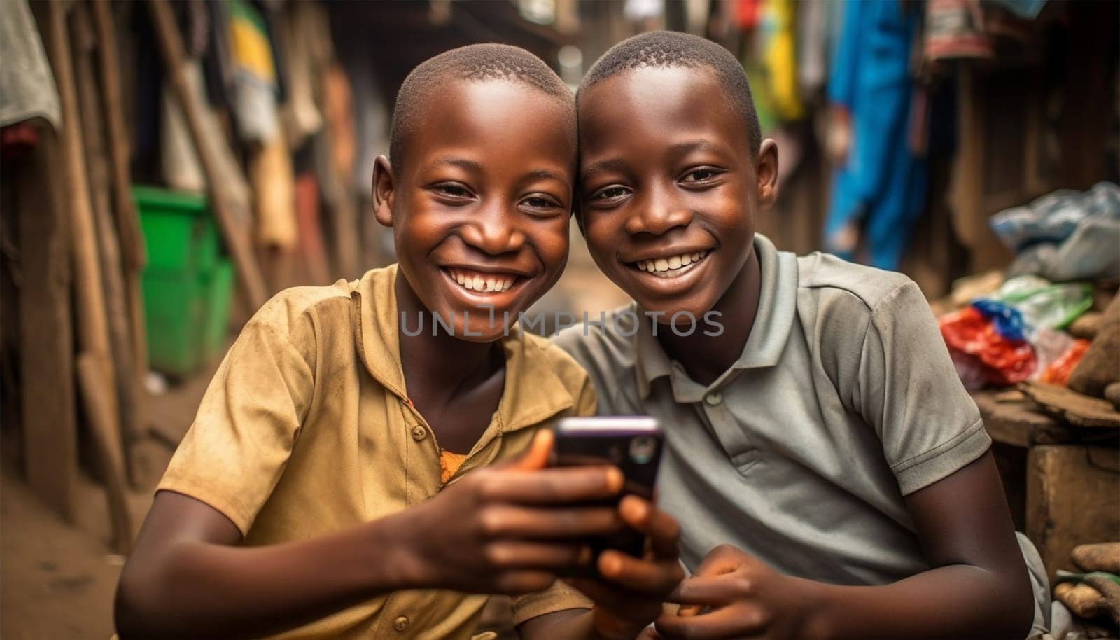 African kids using mobile phones. two african boys sitting outside using smartphones to play games portrait
