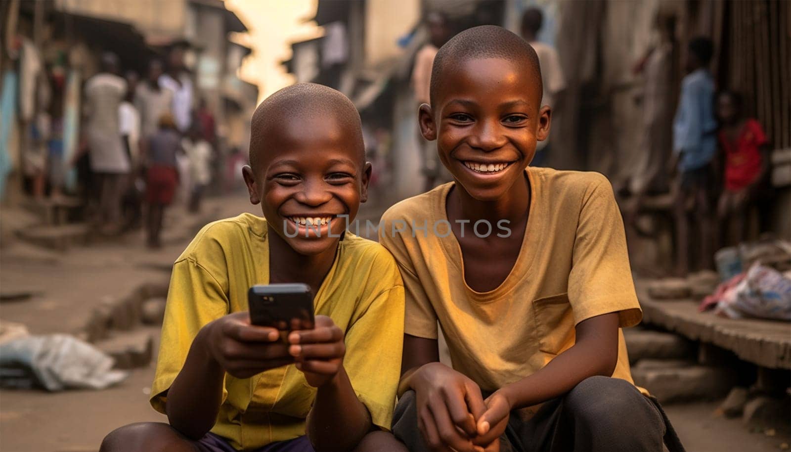 African kids using mobile phones. two african boys sitting outside using smartphones to play games portrait