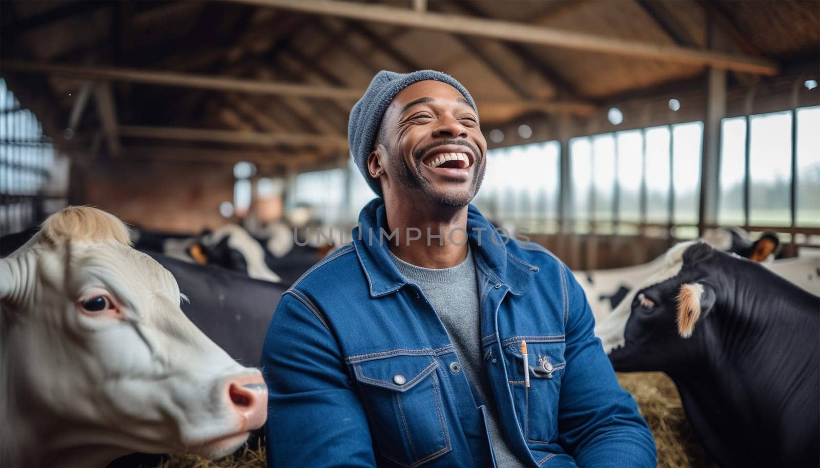 Portrait of positive African-American male worker in blue robe working on dairy farm with black and white cows. Happy black farmer Dutch cows and wearing blue overall on fresh Agriculture field Modern farmer