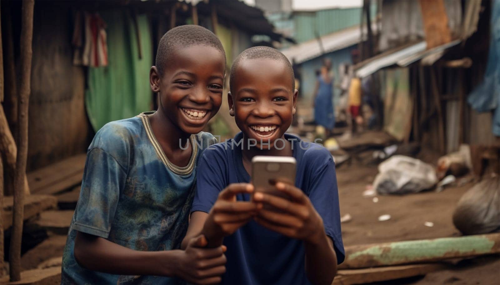 African kids using mobile phones. two african boys sitting outside using smartphones to play games portrait