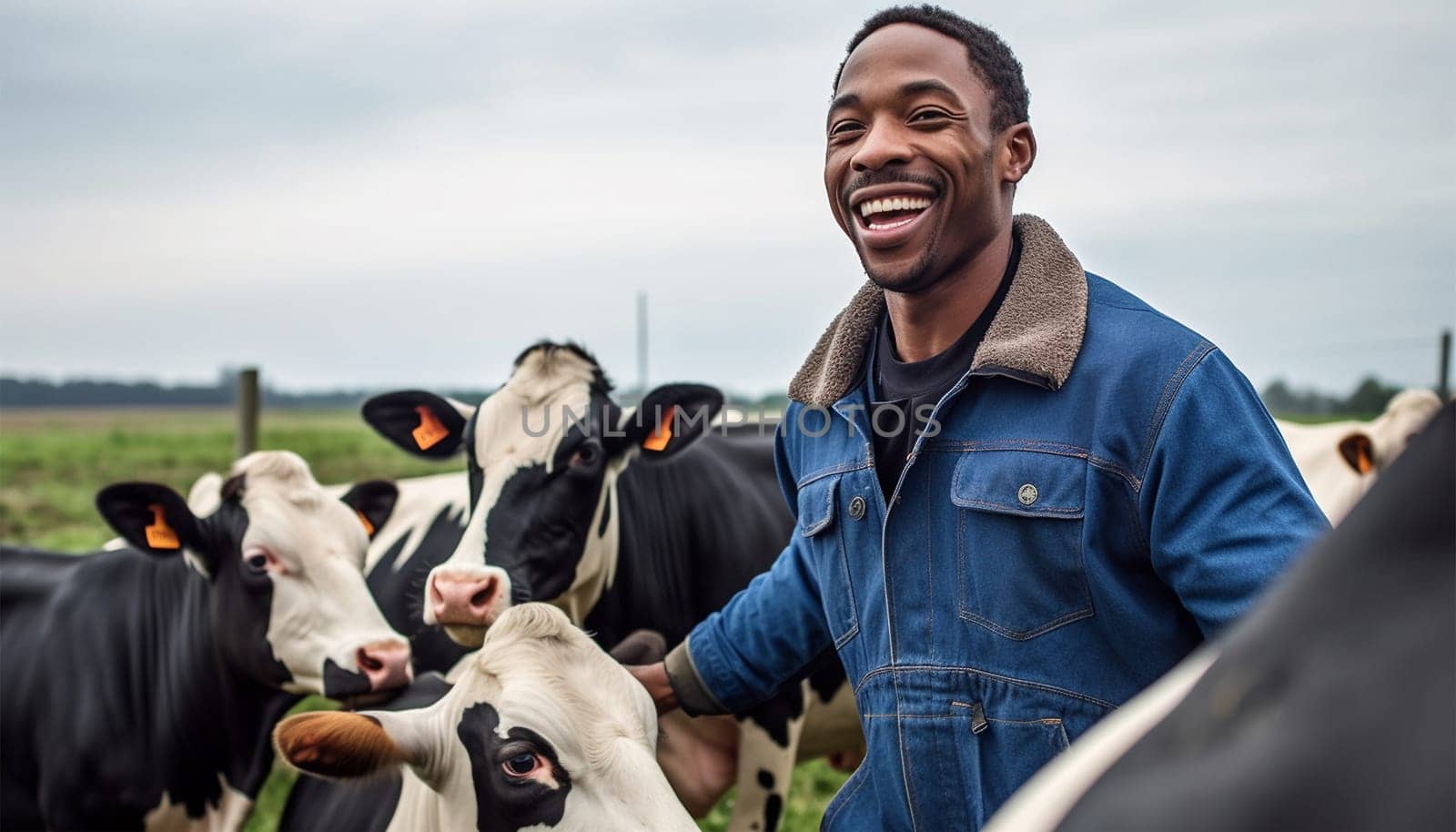 Portrait of positive African-American male worker in blue robe working on dairy farm with black and white cows. Happy black farmer Dutch cows and wearing blue overall on fresh Agriculture field Modern farmer