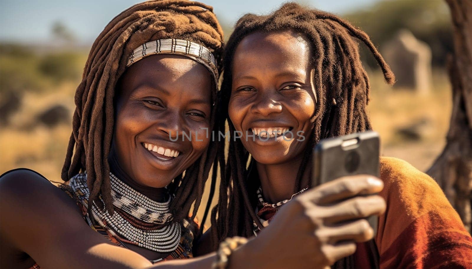 Africa Cheerful woman of african tribe hunters using modern technology smartphone cheering up. Technology using social media. Texting and having fun with cell phone,mobile in Africa traditional colorful clothing showing traditional tribe portrait