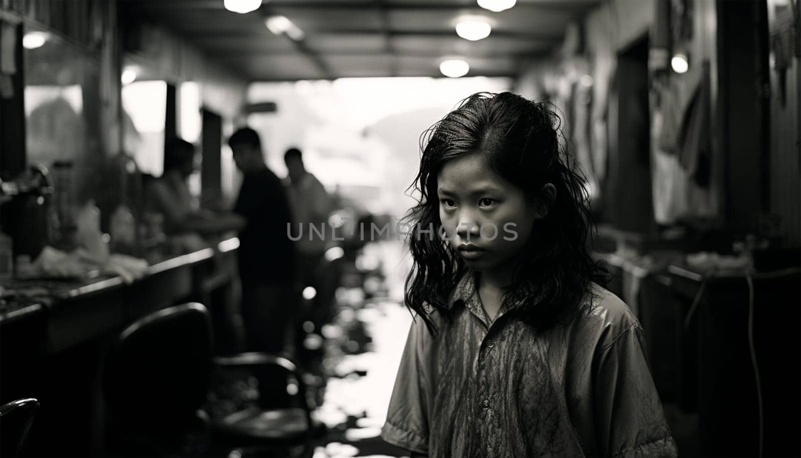 Asian girl documentary black and white photography. black and white photo concept of women beauty portrait. Poor girl in Asia Culture shot