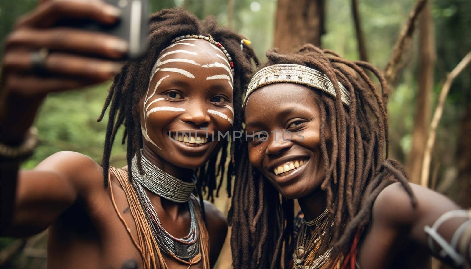 Africa Cheerful woman of african tribe hunters using modern technology smartphone cheering up. Technology using social media. Texting and having fun with cell phone,mobile in Africa traditional colorful clothing showing traditional tribe portrait