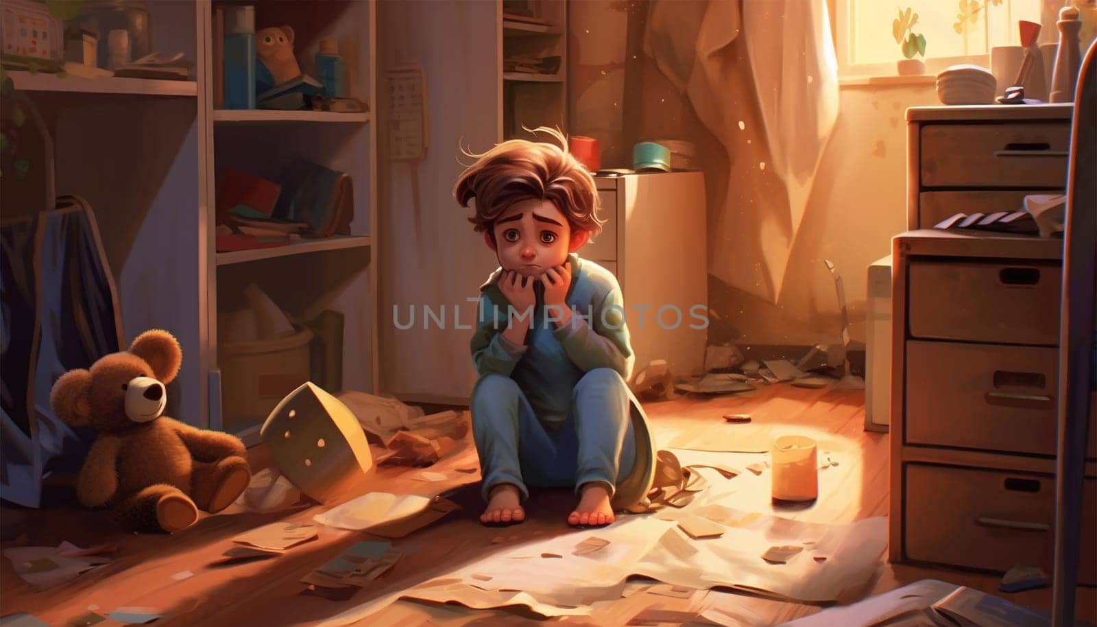 Sad child suffering from depression sitting alone in corridor feeling loneliness. Scared fearful small boy covering face at home. Sad girl home alone and depressed. Child abuse concept