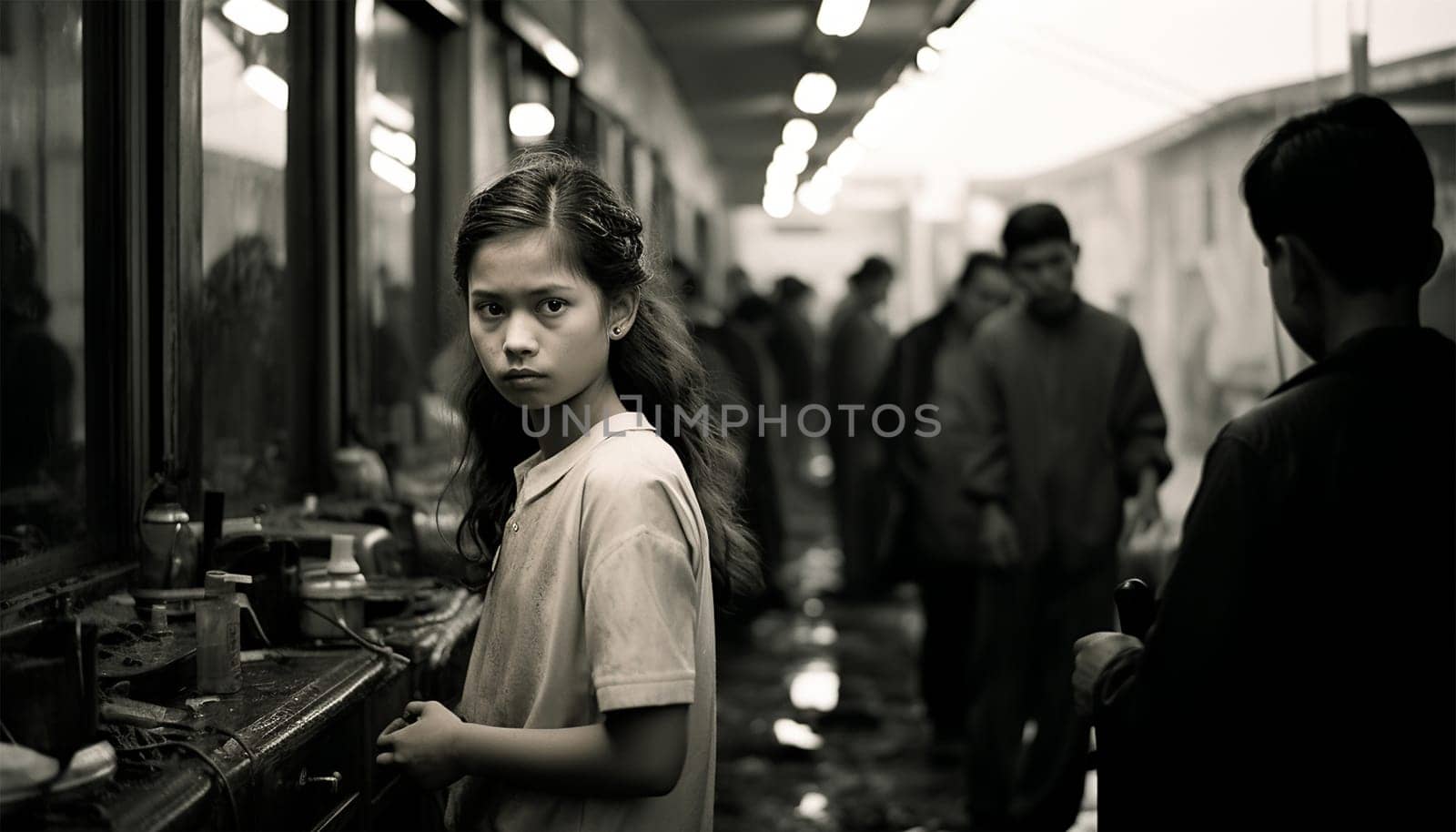 Asian girl documentary black and white photography. black and white photo concept of women beauty portrait. Poor girl in Asia Culture shot