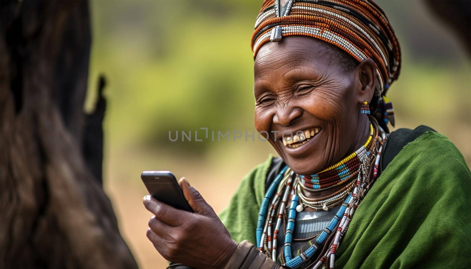 Africa Cheerful woman of african tribe hunters using modern technology smartphone cheering up. Technology using social media. Texting and having fun with cell phone,mobile in Africa traditional colorful clothing showing traditional tribe portrait