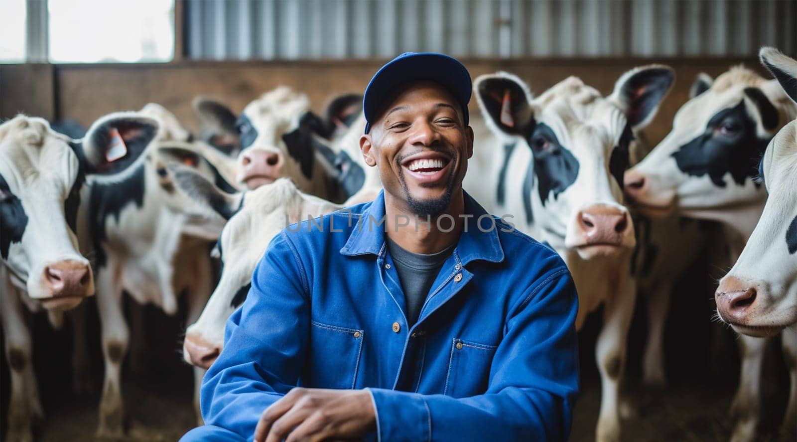 Portrait of positive African-American male worker in blue robe working on dairy farm with black and white cows. Happy black farmer Dutch cows and wearing blue overall on fresh Agriculture field Modern farmer