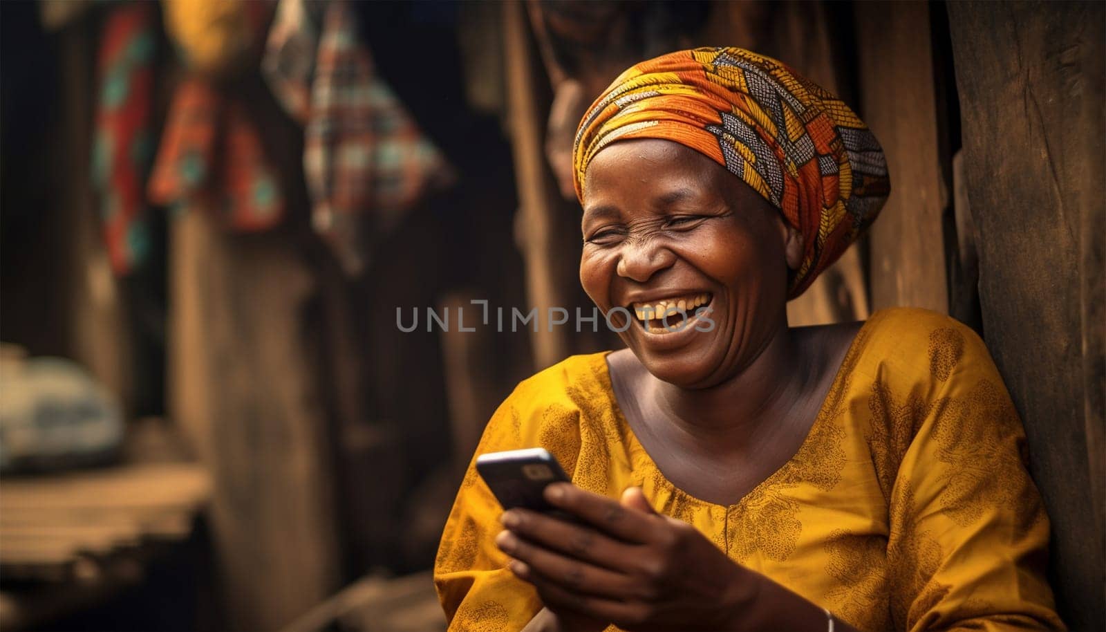 Poor African woman watching on her mobile phone in the slums. homeless lady playing around with a mobile phone,texting,social media concept. Portrait of beautiful female laughing with smartphone in slum colorful