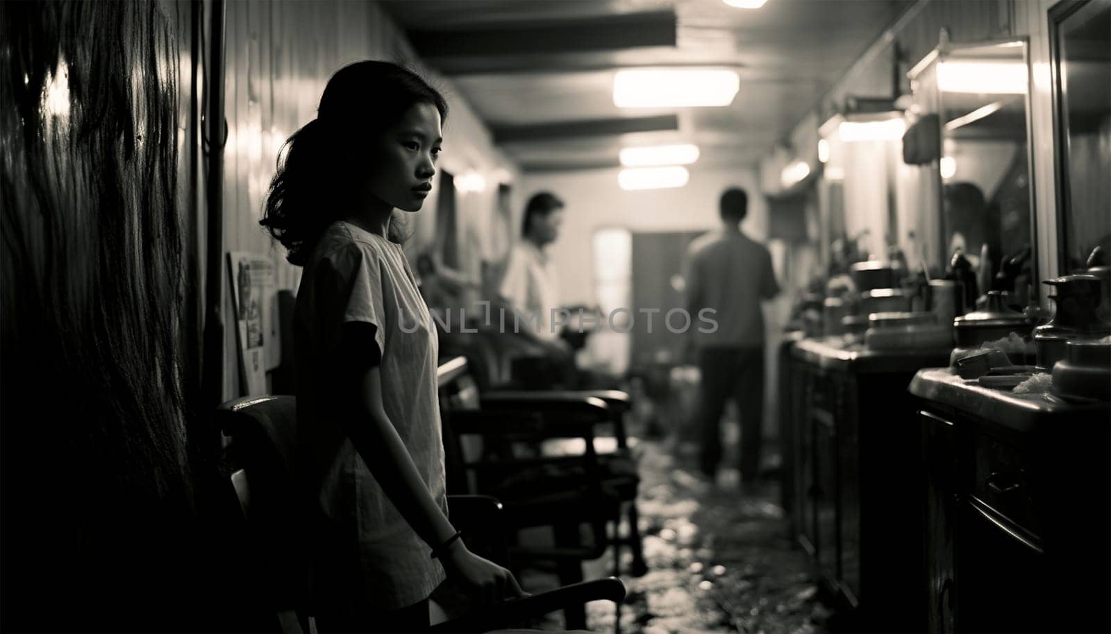 Asian girl documentary black and white photography. black and white photo concept of women beauty portrait. Poor girl in Asia Culture shot