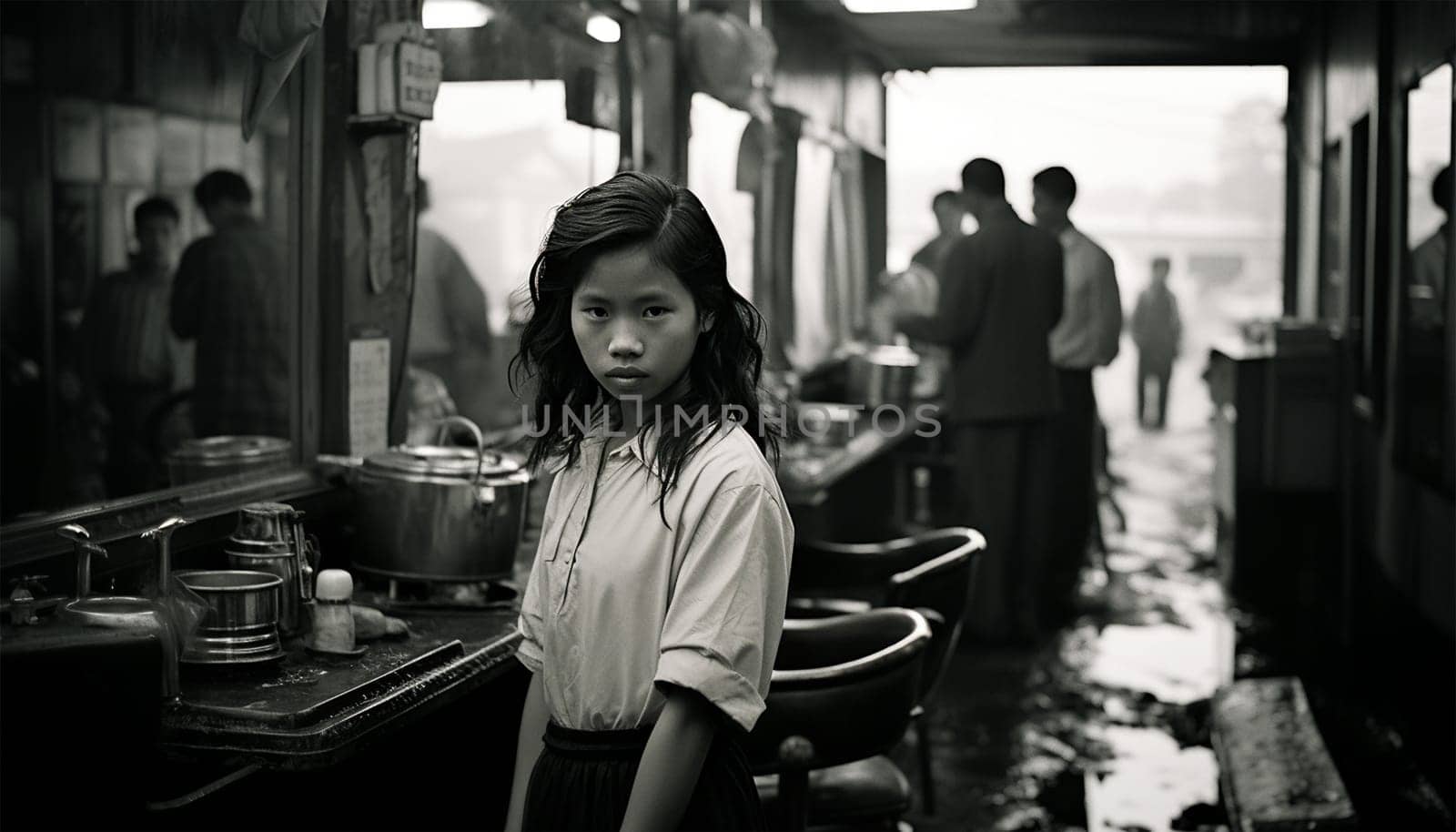 Asian girl documentary black and white photography. black and white photo concept of women beauty portrait. Poor girl in Asia Culture shot
