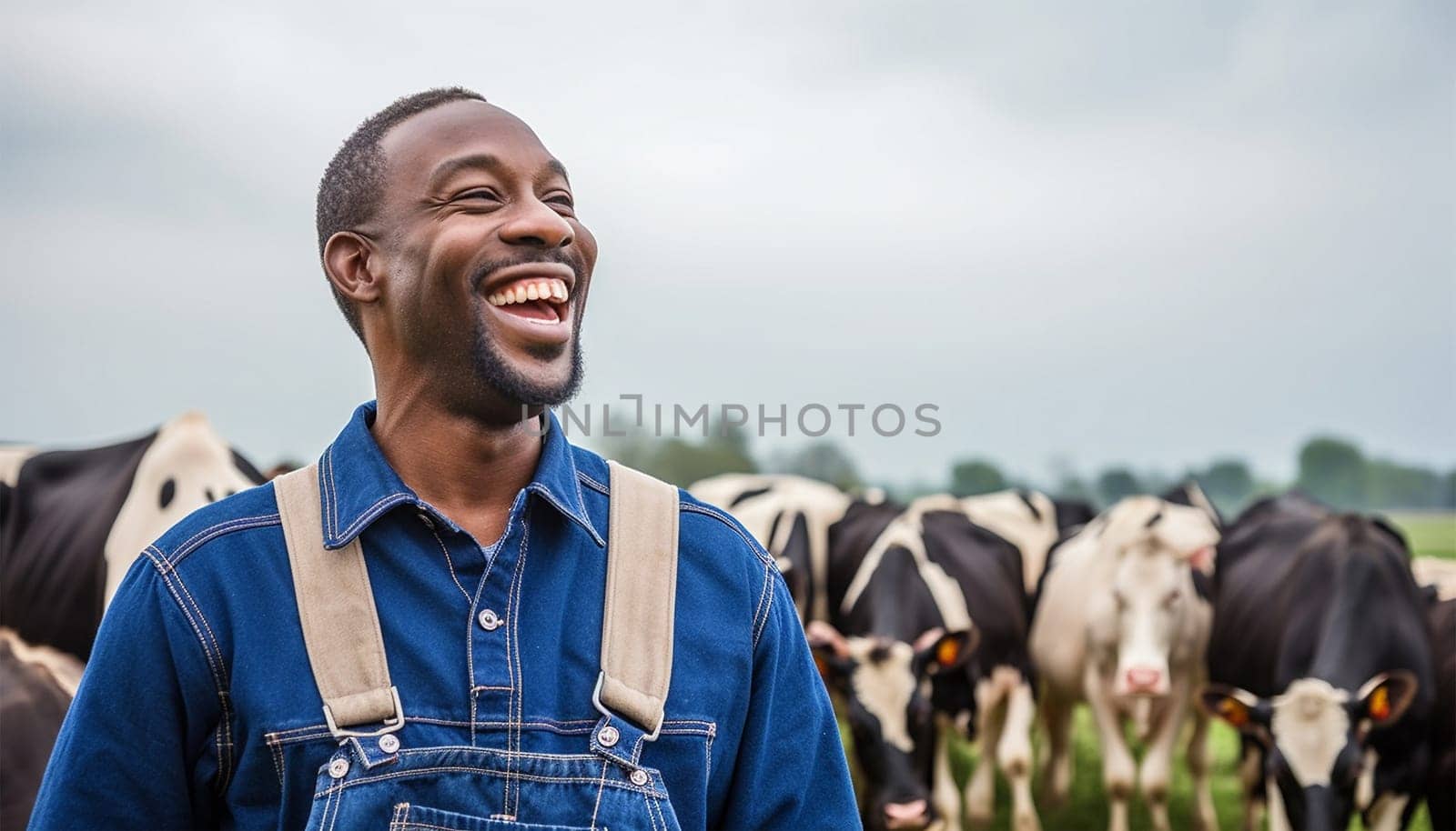 Portrait of positive African-American male worker in blue robe working on dairy farm with black and white cows. Happy black farmer Dutch cows and wearing blue overall on fresh Agriculture field Modern farmer