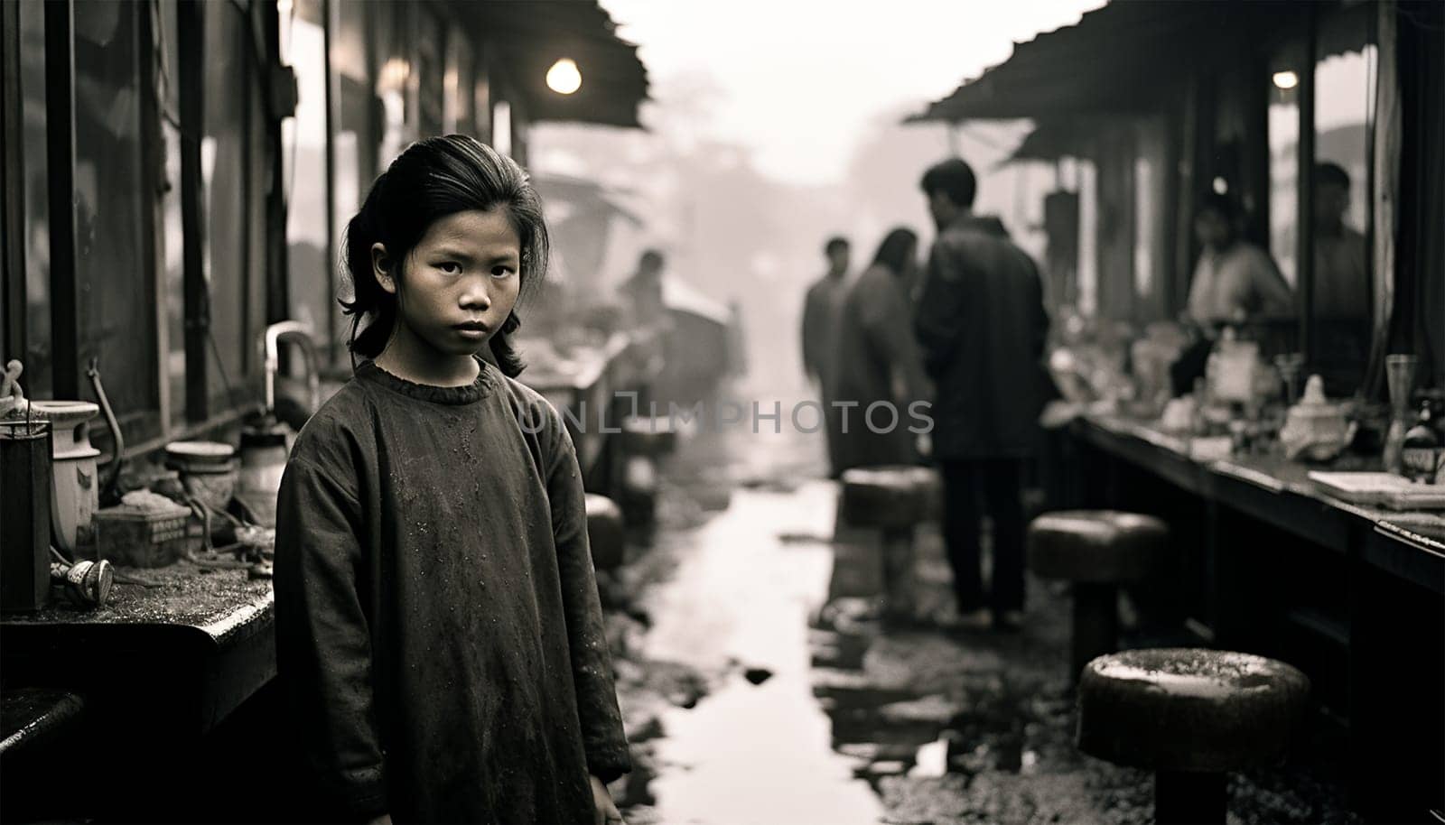 Asian girl documentary black and white photography. black and white photo concept of women beauty portrait. Poor girl in Asia Culture shot