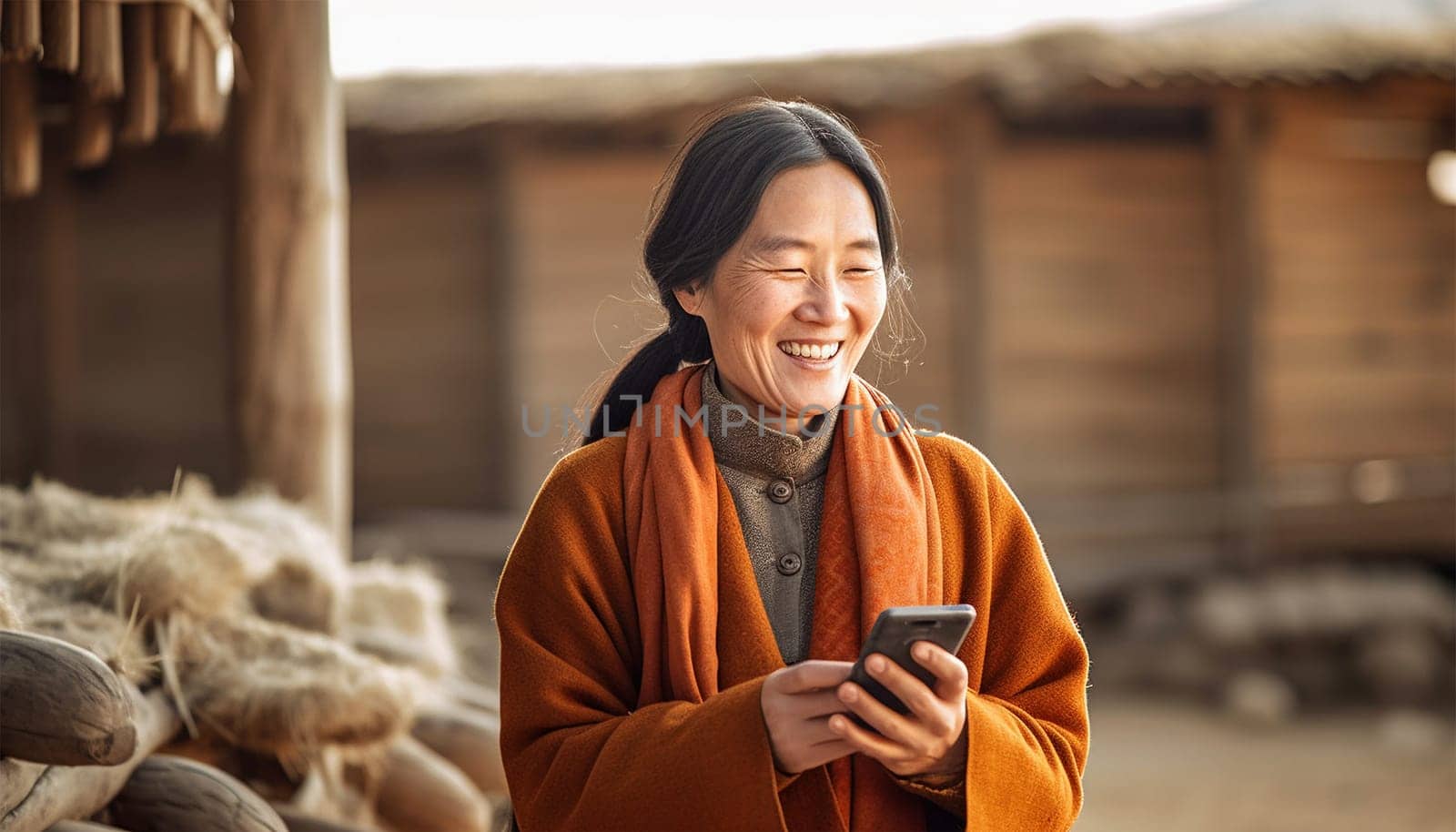 Traditional Chinese woman in village,farm landscape watching on her mobile phone and laughing. Asian elderly woman using smartphone,social media or texting in China beauty