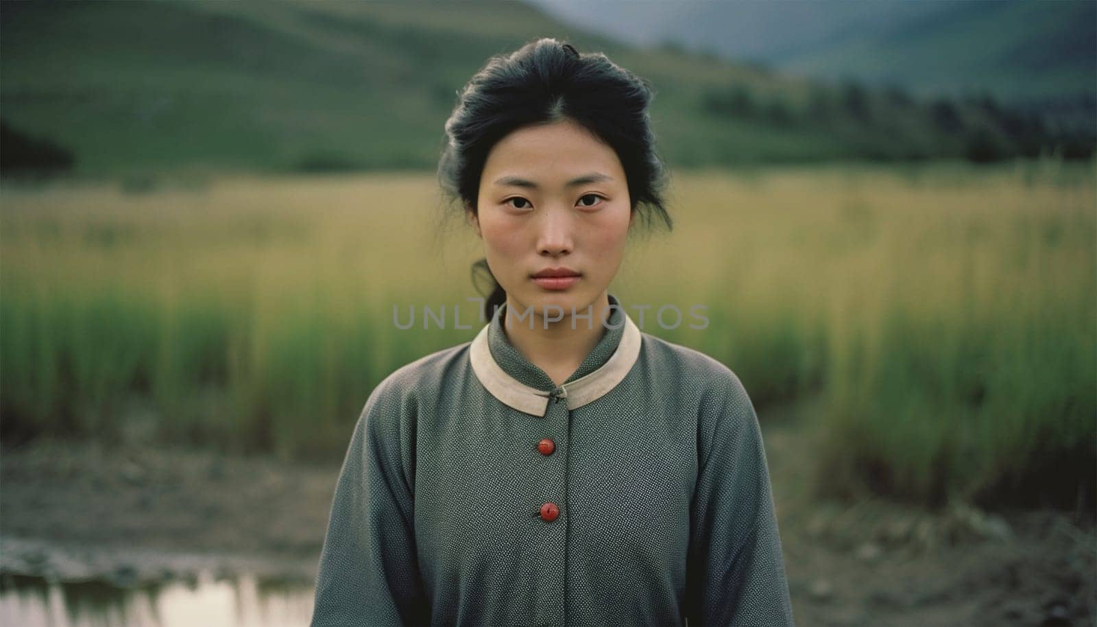 Natural Asian woman in Chinese landscape. Happy Asian woman farmer is at paddy field, feels confident. Concept Agriculture occupation. Organic farming. Thai farmer. Beauty Asia copy space
