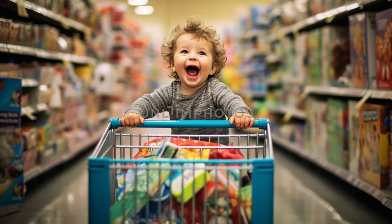 cute toddler is shopping in the supermarket or toy store. The baby is pushing a shopping cart. Funny concept for shopping advertisement. Supermarket,grocery store and children background Having fun
