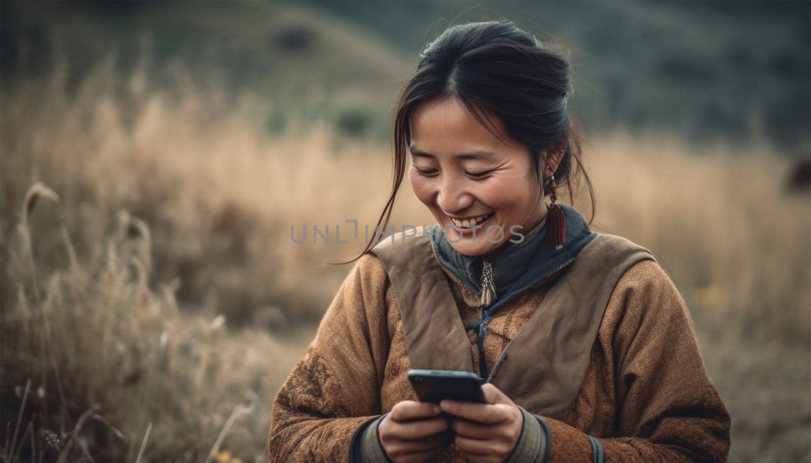 Traditional Chinese woman in village,farm landscape watching on her mobile phone and laughing. Asian elderly woman using smartphone,social media or texting in China beauty