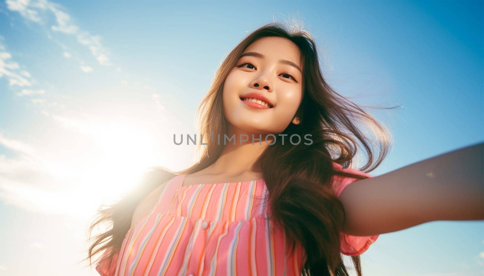A portrait of a Happy young Asian woman take selfie, smile to camera. Asian teen in summer landscape using smartphone for social media. Teen with Mobile phone in blue sky beauty