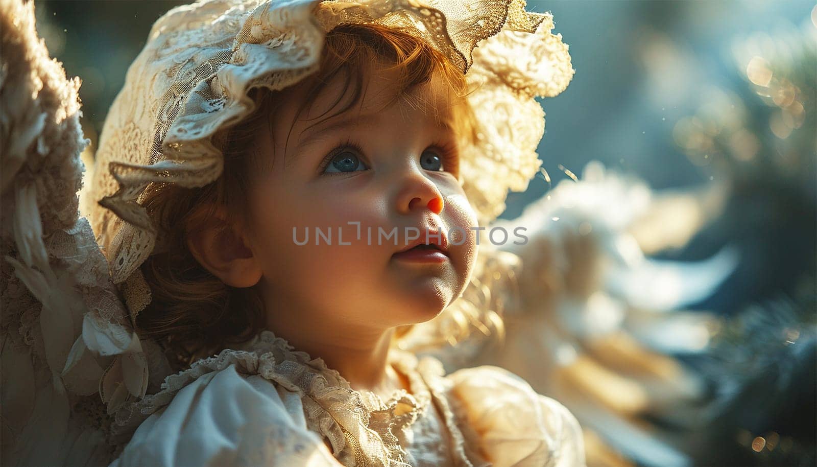Baby toddler with angel Wings. Child Sitting in magical sky with clouds. Artistic Fantasy Sky Background. Cupid,Valentine,Heaven,hope and believe concept Copy space