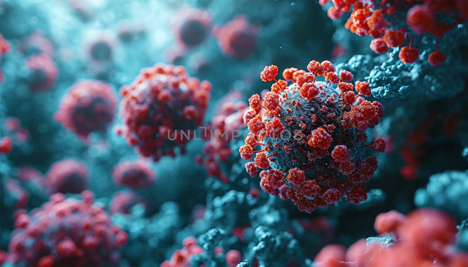 Virus, bacteria, fungi medical 3D background. Coronavirus covid-19 disease epidemic strains. Omicron, rhinovirus, HPV infection, HIV, adenovirus, influenza illness virus cells, antibody, bacteriophage