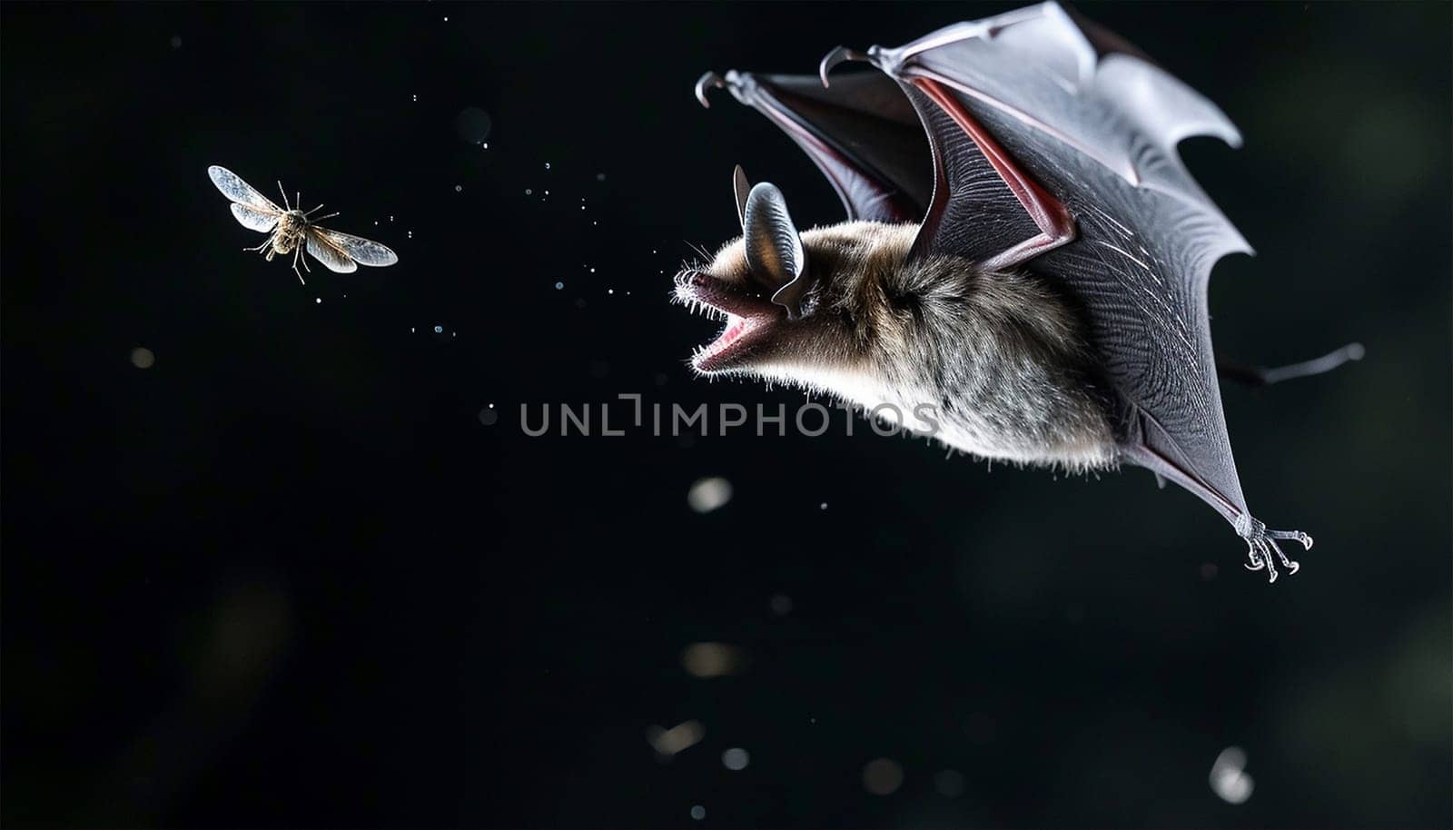 Bat hunts for fly. Flying bat hunting in forest. The grey long-eared bat (Plecotus austriacus) is a fairly large European bat. It has distinctive ears, long and with a distinctive fold. It hunts above woodland. nature wildlife