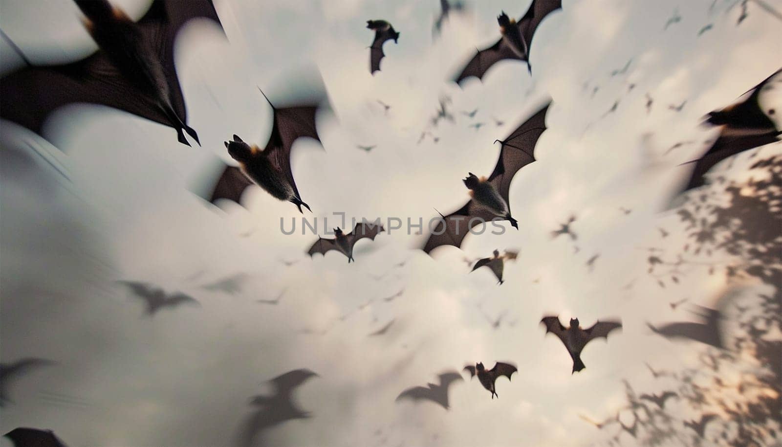 Horrific black bats swarm in the sky. Halloween background. Flying fox night creatures Silhouettes of flying bats traditional Halloween symbols wildlife nature