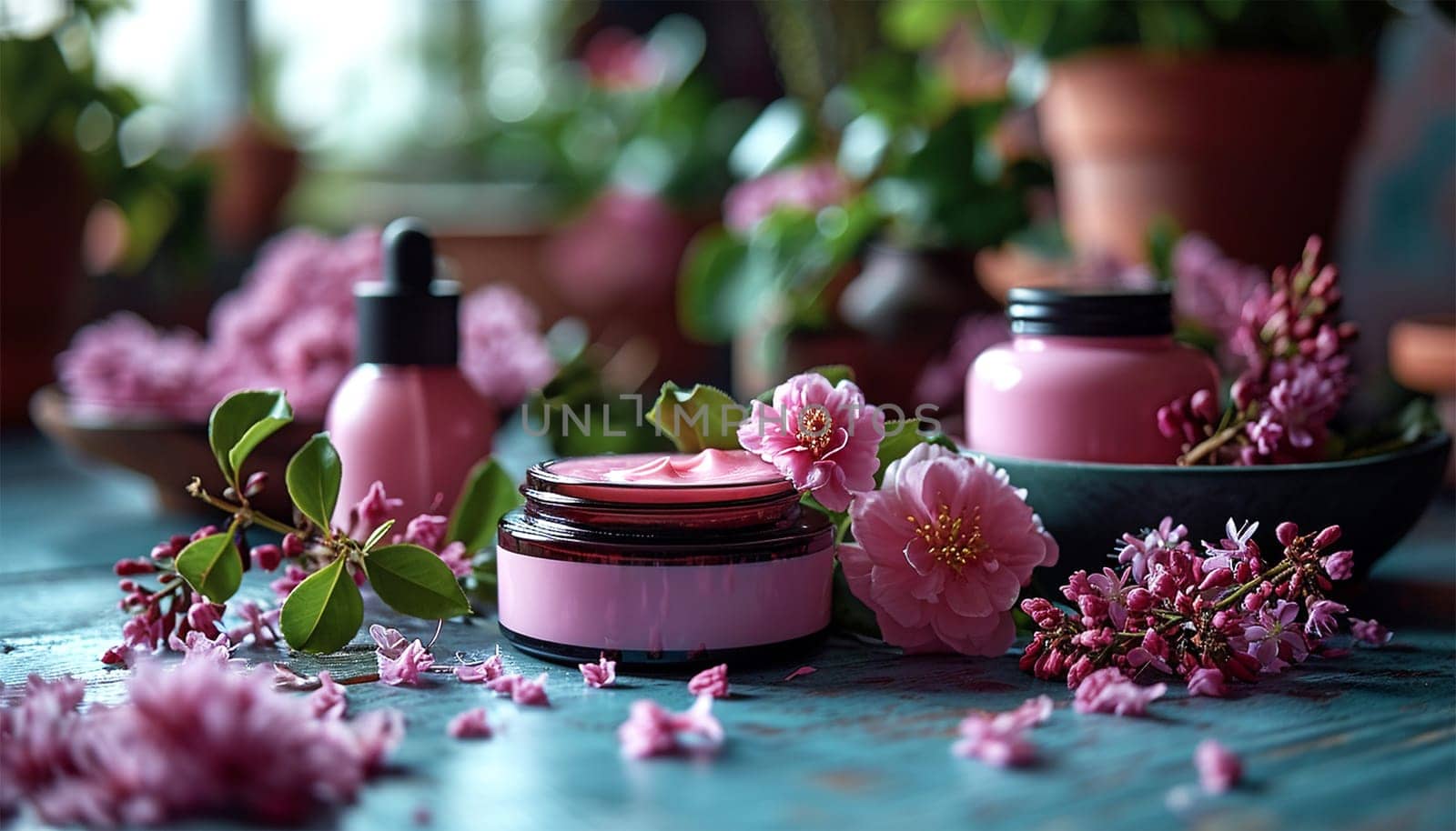 Spa beauty products on colorful table. Coconut oil, luxury cream, serum, perfume, candles green leaves. Body care cosmetic products organic skincare beauty
