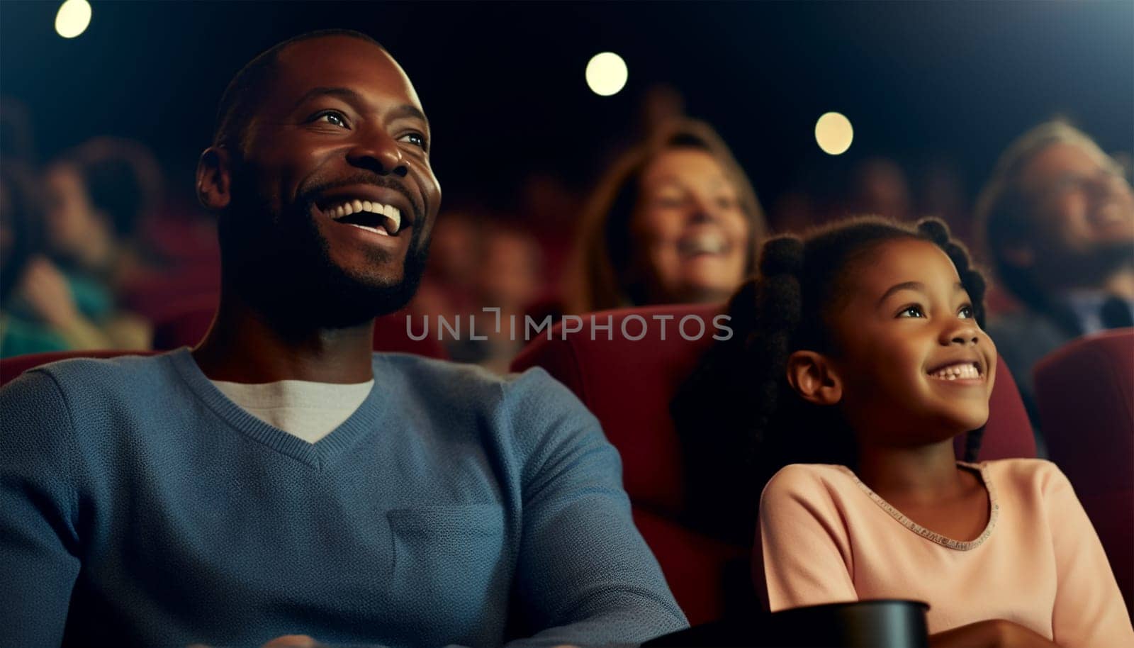 African American family in movie theater. A happy multi-ethnic family is in the movie theater watching a movie on and enjoying drinks and popcorn and having fun. Love,happy and Laughing colorful