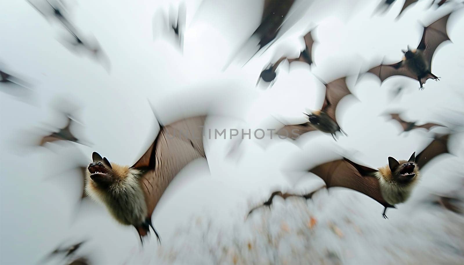 Horrific black bats swarm in the sky. Halloween background. Flying fox night creatures Silhouettes of flying bats traditional Halloween symbols wildlife nature