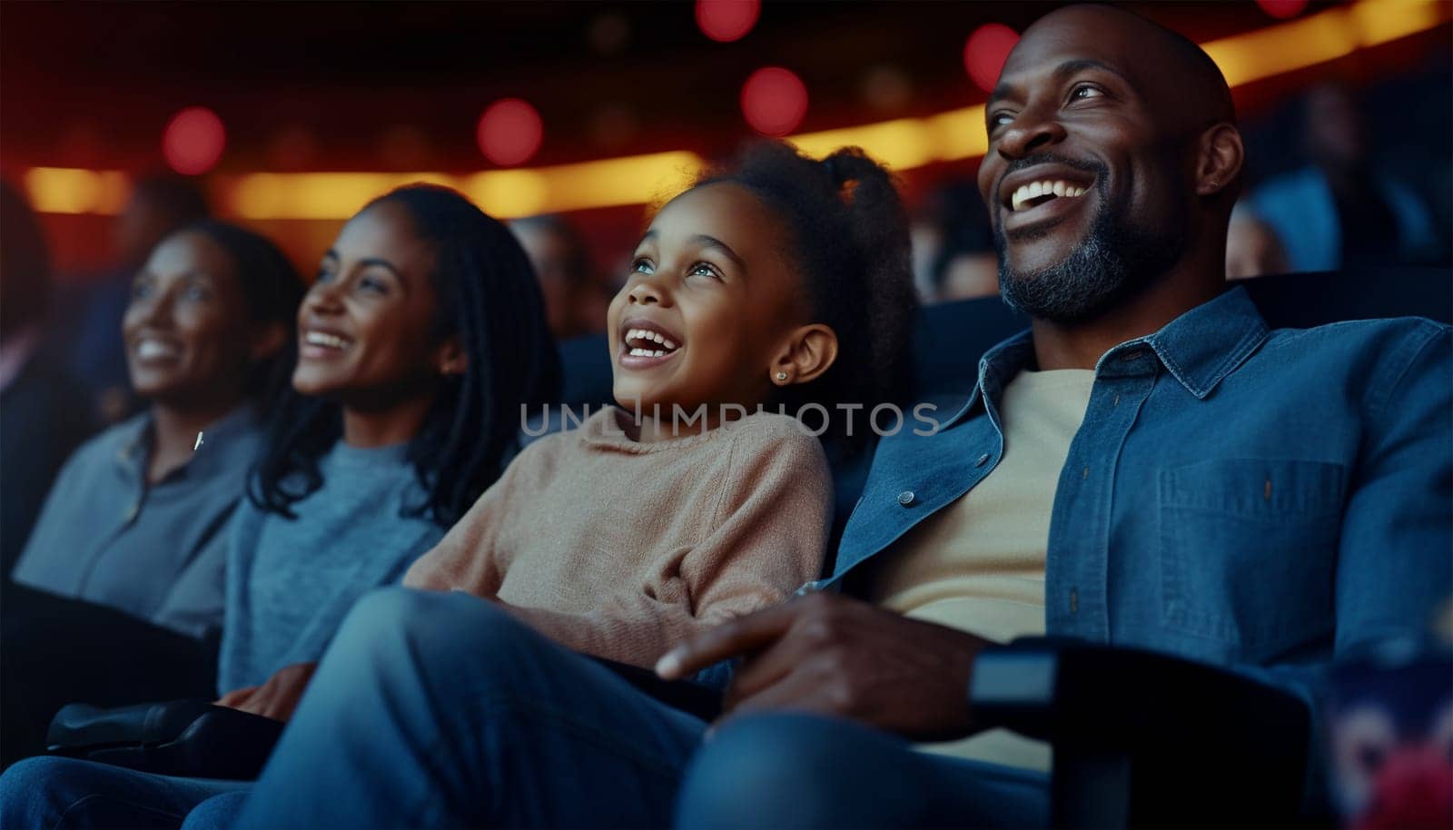 African American family in movie theater. A happy multi-ethnic family is in the movie theater watching a movie on and enjoying drinks and popcorn and having fun. Love,happy and Laughing colorful