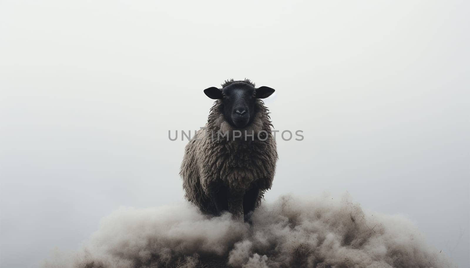 Lonely black sheep. Standing out of the crowd. Dare to be different concept. A black sheep among the herd of white sheep. Black sheep of the family concept design close up concept for being left out