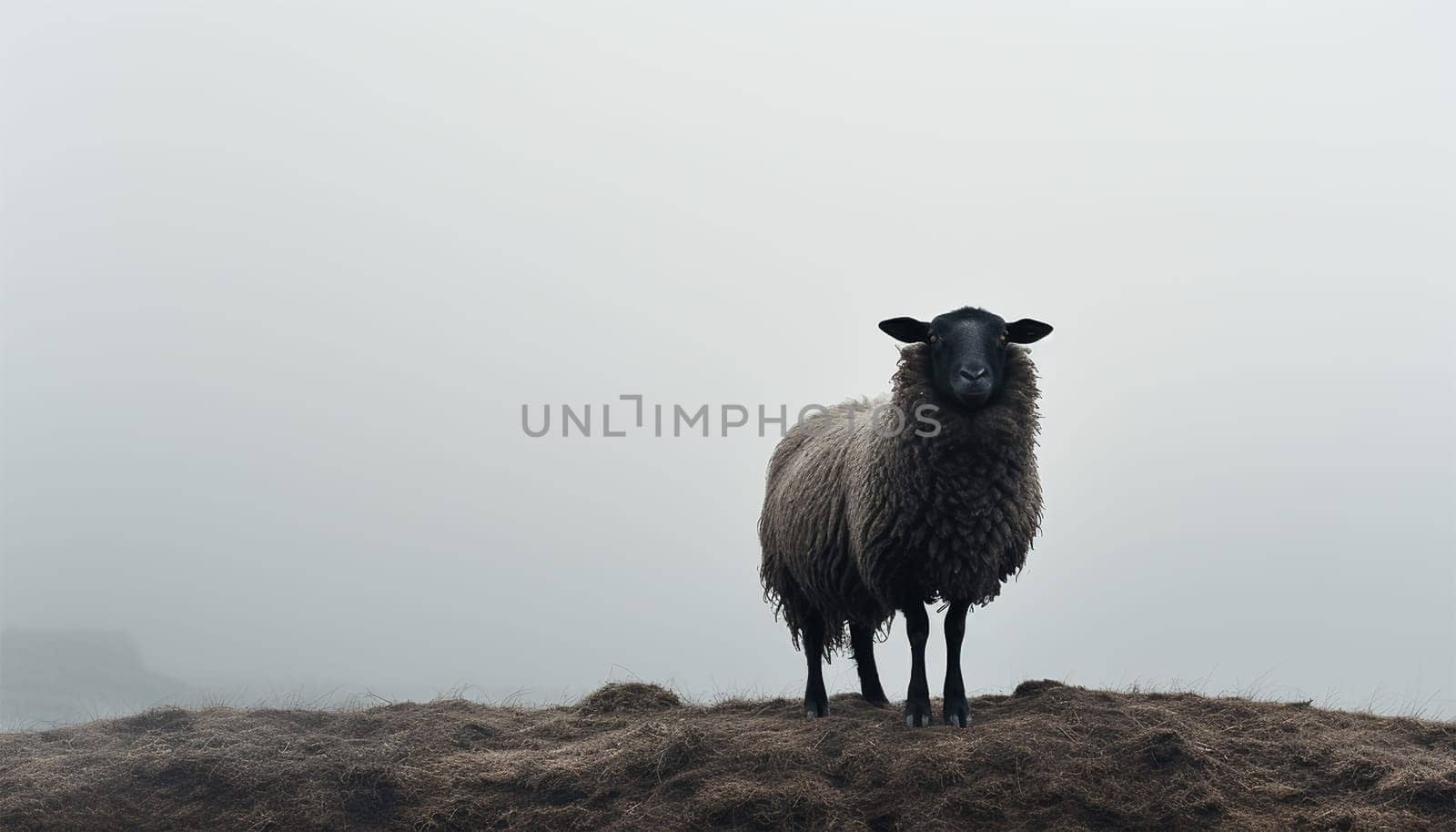 Lonely black sheep. Standing out of the crowd. Dare to be different concept. A black sheep among the herd of white sheep. Black sheep of the family concept design close up concept for being left out