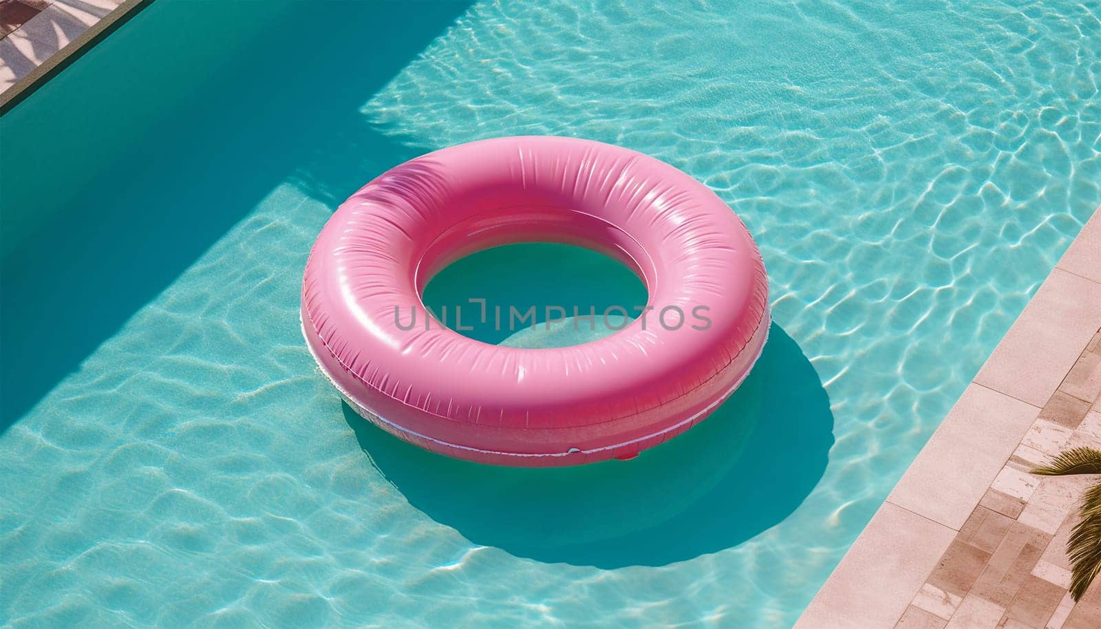 Colorful swim ring in pool top view, Rubber coloful pink inflatable tire in modern swimming pool. Summer Holiday concept design. Resort,toys,beach copy space