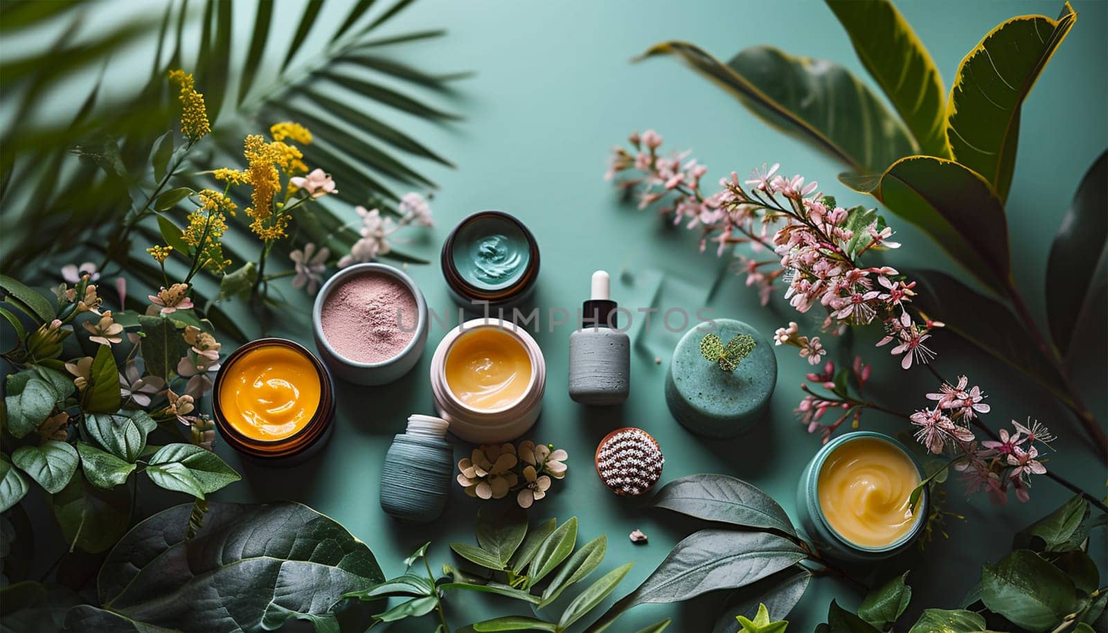 Spa beauty products on colorful table. Coconut oil, luxury cream, serum, perfume, candles green leaves. Body care cosmetic products organic skincare beauty