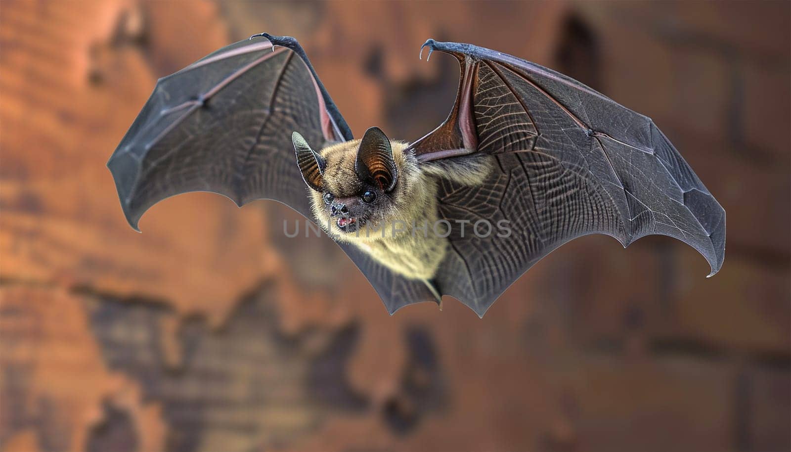 Bat hunts for fly. Flying bat hunting in forest. The grey long-eared bat (Plecotus austriacus) is a fairly large European bat. It has distinctive ears, long and with a distinctive fold. It hunts above woodland. nature wildlife