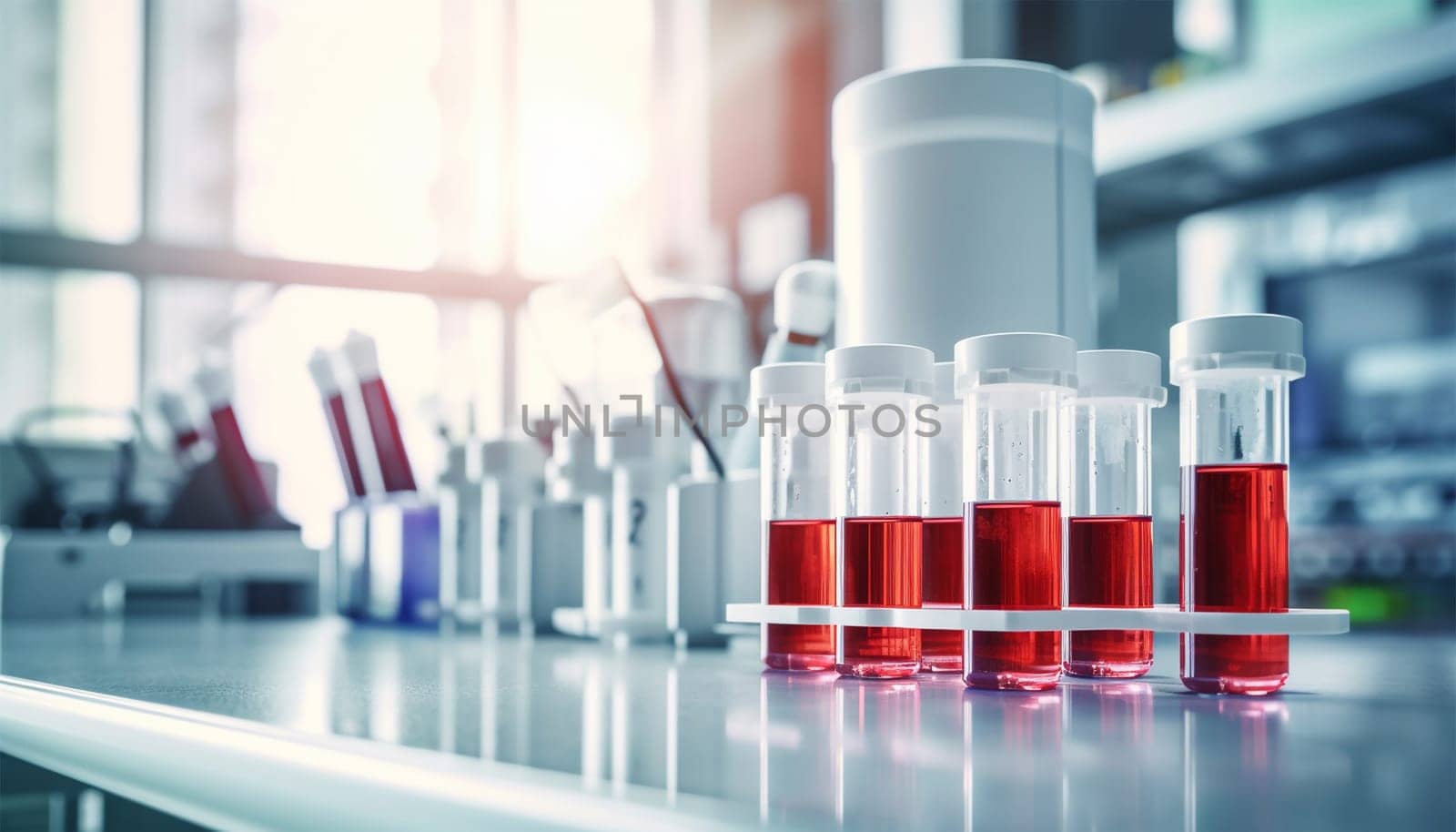 Medical test tubes. Tubes with blood in lab. Lab assistant, a medical scientist, a chemistry researcher a glass tube through the blood sample, does a chemical experiment and examines a patient's blood sample. Medicine and research concept. Copy space Space for text