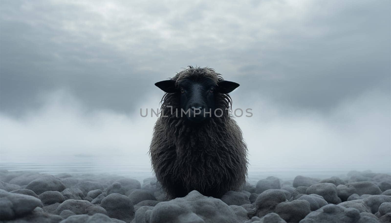 Lonely black sheep. Standing out of the crowd. Dare to be different concept. A black sheep among the herd of white sheep. Black sheep of the family concept design close up concept for being left out