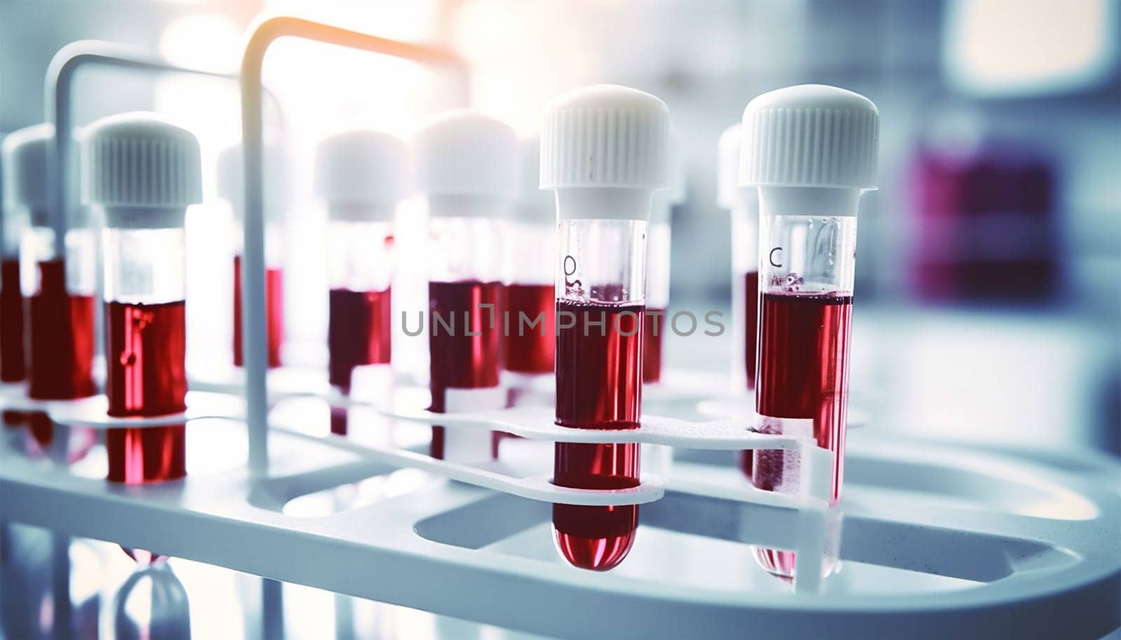Medical test tubes. Tubes with blood in lab. Lab assistant, a medical scientist, a chemistry researcher a glass tube through the blood sample, does a chemical experiment and examines a patient's blood sample. Medicine and research concept. Copy space Space for text