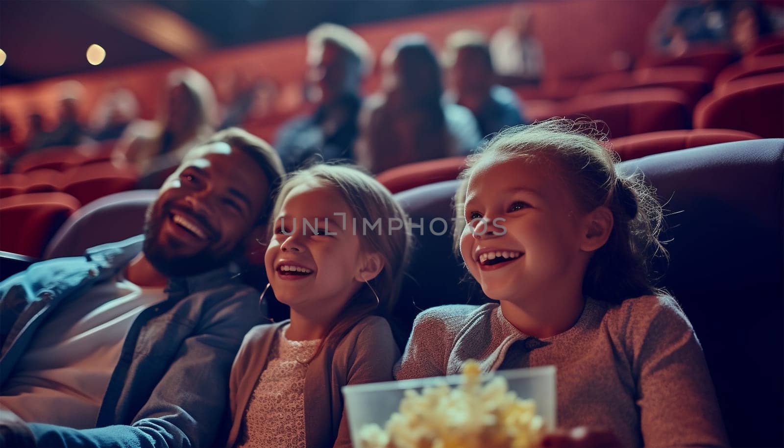 African American family in movie theater. A happy multi-ethnic family is in the movie theater watching a movie on and enjoying drinks and popcorn and having fun. Love,happy and Laughing colorful
