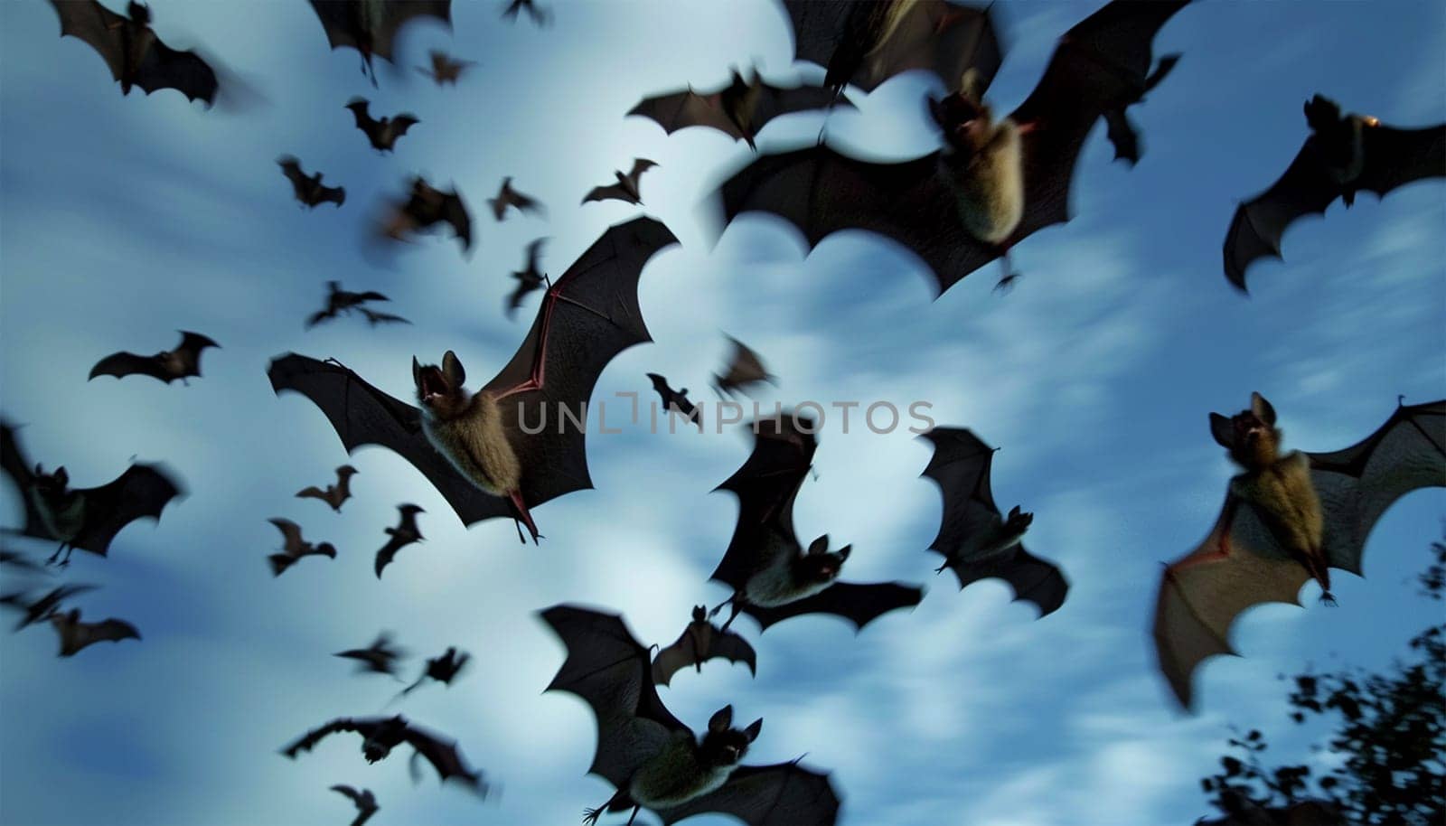 Horrific black bats swarm in the sky. Halloween background. Flying fox night creatures Silhouettes of flying bats traditional Halloween symbols wildlife nature